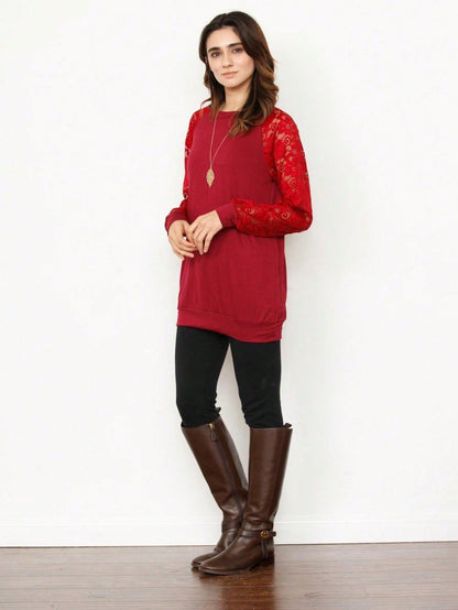 Gold Red Lace Hollow Eyelet Rayon Soft Long  Sleeve Raglan Tunic Top Band Hem Shirt
