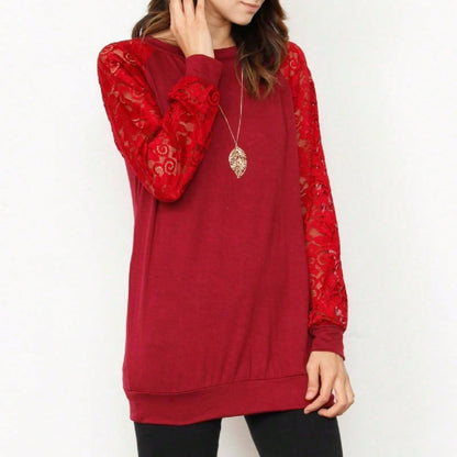 Gold Red Lace Hollow Eyelet Rayon Soft Long  Sleeve Raglan Tunic Top Band Hem Shirt