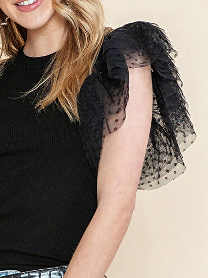 Boho Retro Black Pink Dot Mesh Ruffle Trimmed Viscose Rayon Soft Top Shirt Blouse