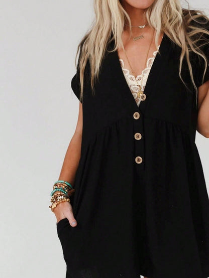 Boho Vintage Button Accent  Viscose Rayon Summer Cool Y2K Romper Jumpsuit Button Front V Neck