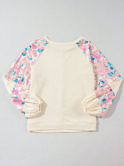 Boho Retro Vintage 60's Vibe Cream Cotton Raglan Lantern Bubble Puff  Sleeve  Floral Rib Patchwork Top Sweat Shirt Blouse