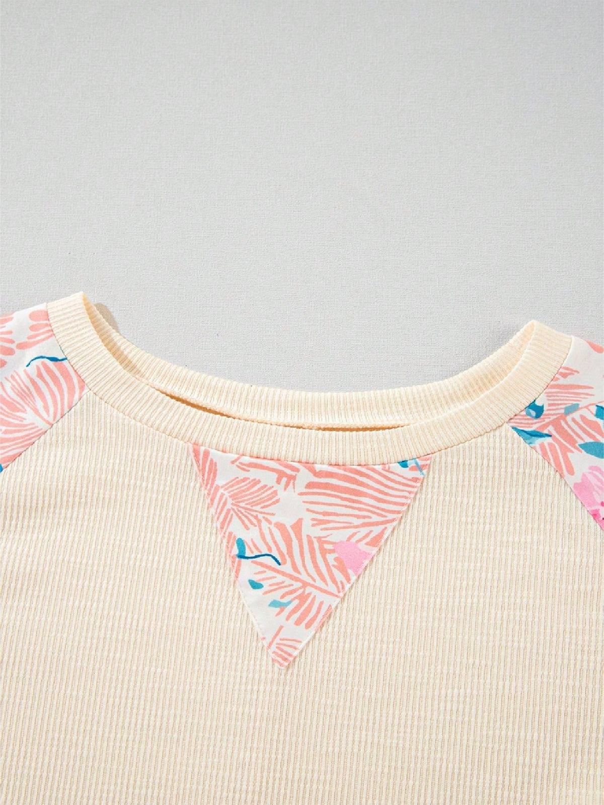 Boho Retro Vintage 60's Vibe Cream Cotton Raglan Lantern Bubble Puff  Sleeve  Floral Rib Patchwork Top Sweat Shirt Blouse