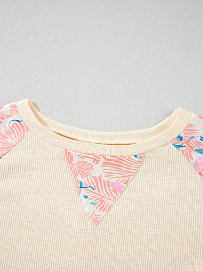 Boho Retro Vintage 60's Vibe Cream Cotton Raglan Lantern Bubble Puff  Sleeve  Floral Rib Patchwork Top Sweat Shirt Blouse