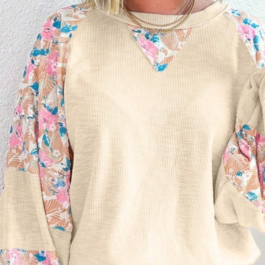 Boho Retro Vintage 60's Vibe Cream Cotton Raglan Lantern Bubble Puff  Sleeve  Floral Rib Patchwork Top Sweat Shirt Blouse