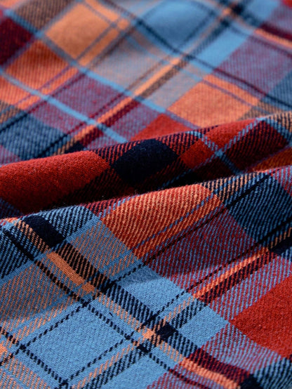 Boho Retro Button Up Vintage 90's Cotton Red Blue Plaid Print Drop Sleeve Loose Shirt Shacket