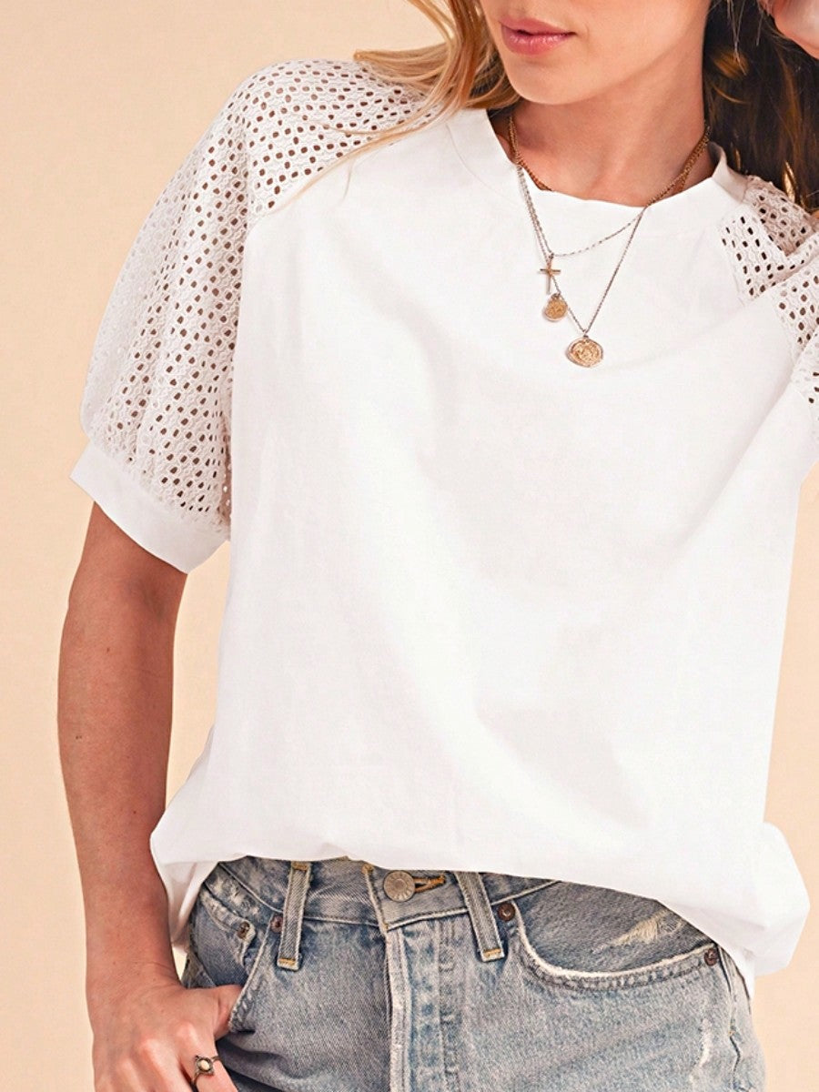 Boho Retro Vintage 90's Vibe White Cotton Short Lantern Bubble Puff  Sleeve  Embroidered Eyelet Hollow Top Shirt Blouse