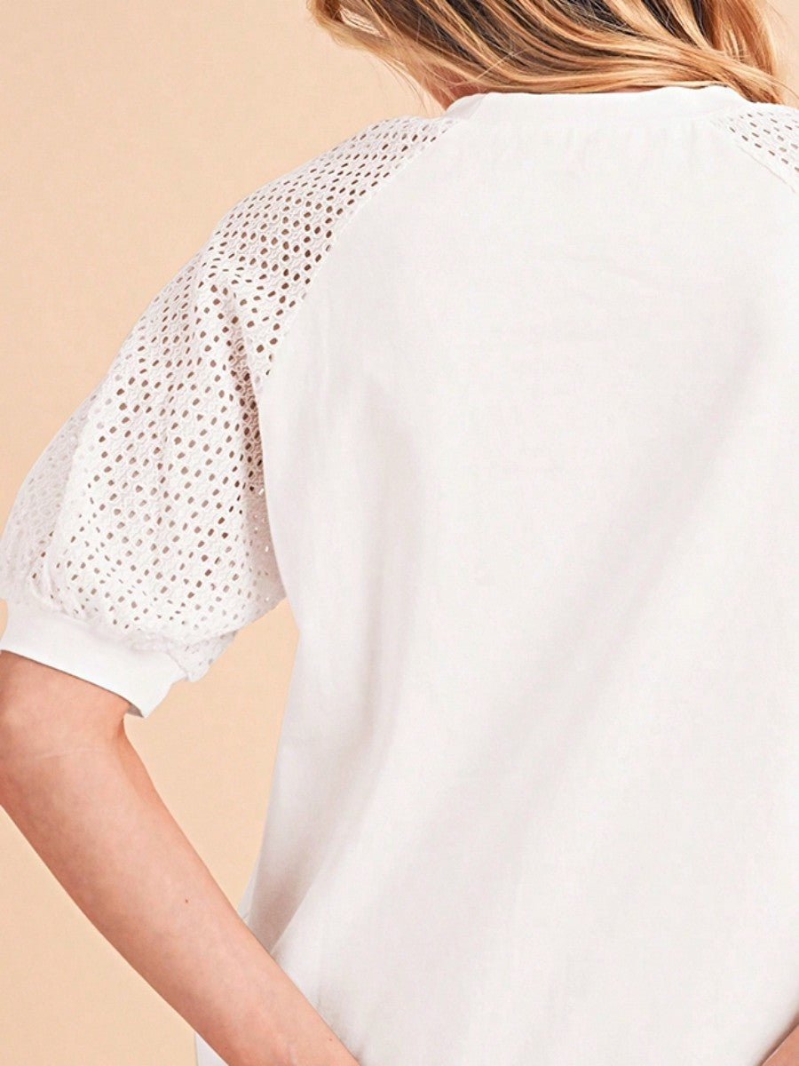 Boho Retro Vintage 90's Vibe White Cotton Short Lantern Bubble Puff  Sleeve  Embroidered Eyelet Hollow Top Shirt Blouse