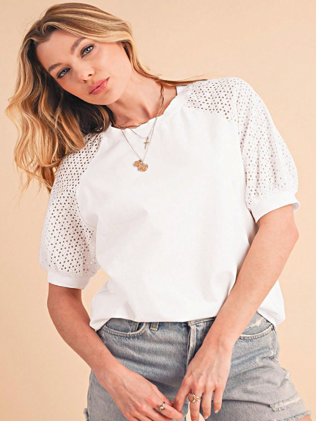 Boho Retro Vintage 90's Vibe White Cotton Short Lantern Bubble Puff  Sleeve  Embroidered Eyelet Hollow Top Shirt Blouse