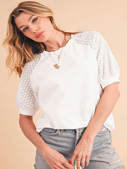 Boho Retro Vintage 90's Vibe White Cotton Short Lantern Bubble Puff  Sleeve  Embroidered Eyelet Hollow Top Shirt Blouse