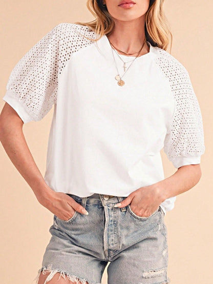 Boho Retro Vintage 90's Vibe White Cotton Short Lantern Bubble Puff  Sleeve  Embroidered Eyelet Hollow Top Shirt Blouse