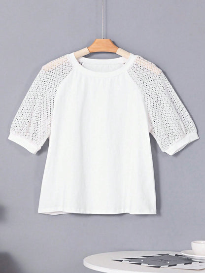 Boho Retro Vintage 90's Vibe White Cotton Short Lantern Bubble Puff  Sleeve  Embroidered Eyelet Hollow Top Shirt Blouse