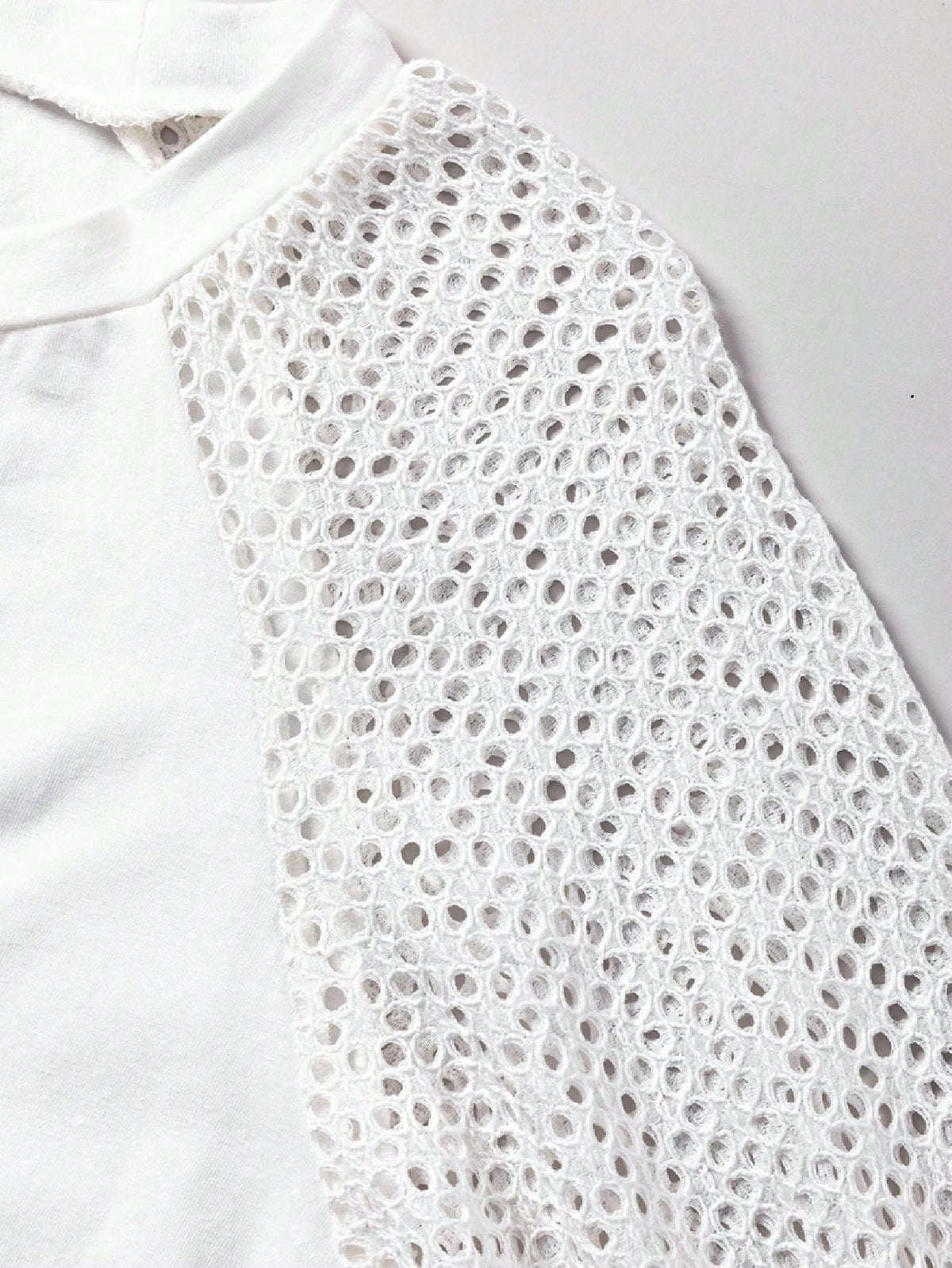 Boho Retro Vintage 90's Vibe White Cotton Short Lantern Bubble Puff  Sleeve  Embroidered Eyelet Hollow Top Shirt Blouse
