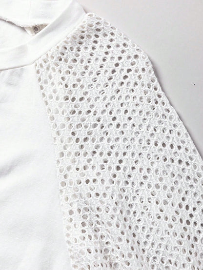 Boho Retro Vintage 90's Vibe White Cotton Short Lantern Bubble Puff  Sleeve  Embroidered Eyelet Hollow Top Shirt Blouse