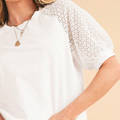 Boho Retro Vintage 90's Vibe White Cotton Short Lantern Bubble Puff  Sleeve  Embroidered Eyelet Hollow Top Shirt Blouse