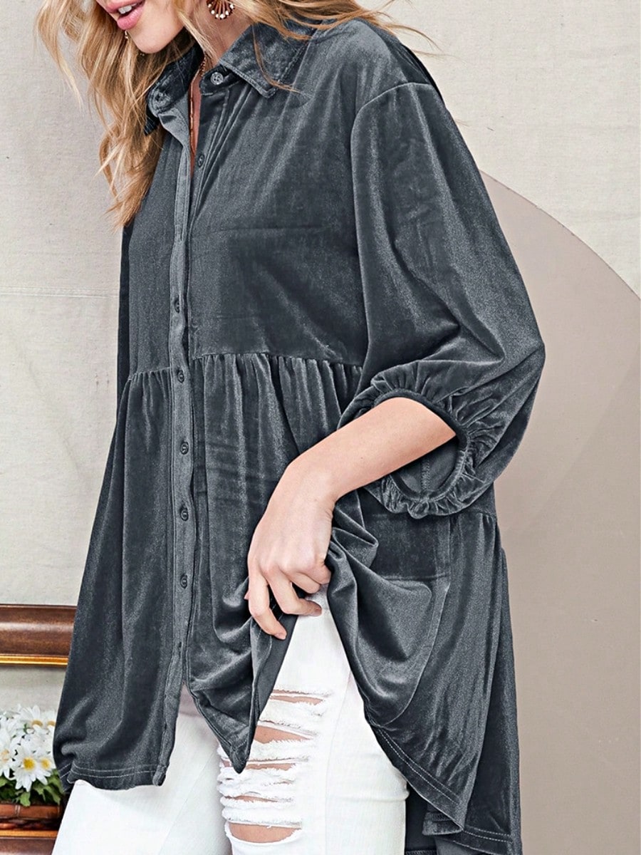 Boho Retro Vintage 60's Velvet Velour Red Grey Charcoal Drop Sleeve Balloon Puff Loose Party Shirt Blouse