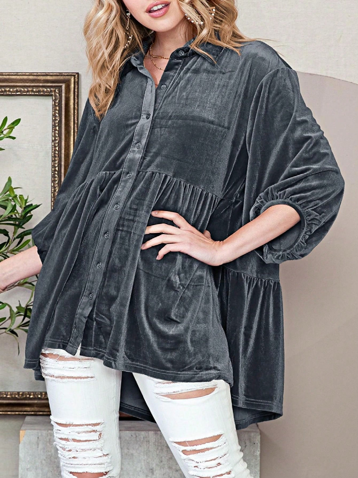Boho Retro Vintage 60's Velvet Velour Red Grey Charcoal Drop Sleeve Balloon Puff Loose Party Shirt Blouse