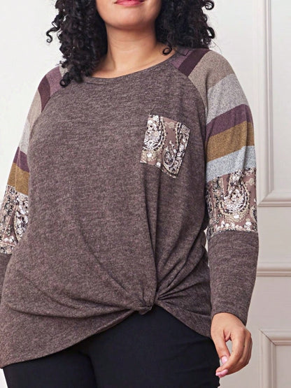 Boho Retro Knot Twisted Front Floral Stripe Knit  Top Blouse Shirt Pullover With Front Pocket