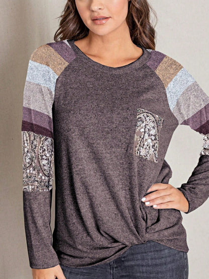 Boho Retro Knot Twisted Front Floral Stripe Knit  Top Blouse Shirt Pullover With Front Pocket