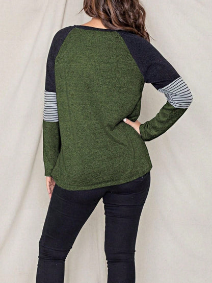 Boho Retro 90's Vintage V Stitch  Stripe Knit Contrast Binding Brushed Soft Stripe Raglan Sleeve Tunic Top Pullover