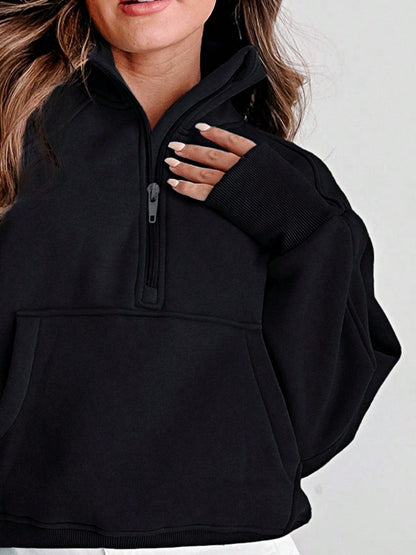Boho Retro Vintage 90's Cotton Stand Collar  Solid Kangaroo Front Pocket Thumbhole Long Sleeve Zip Up Top Sweatshirt Pullover
