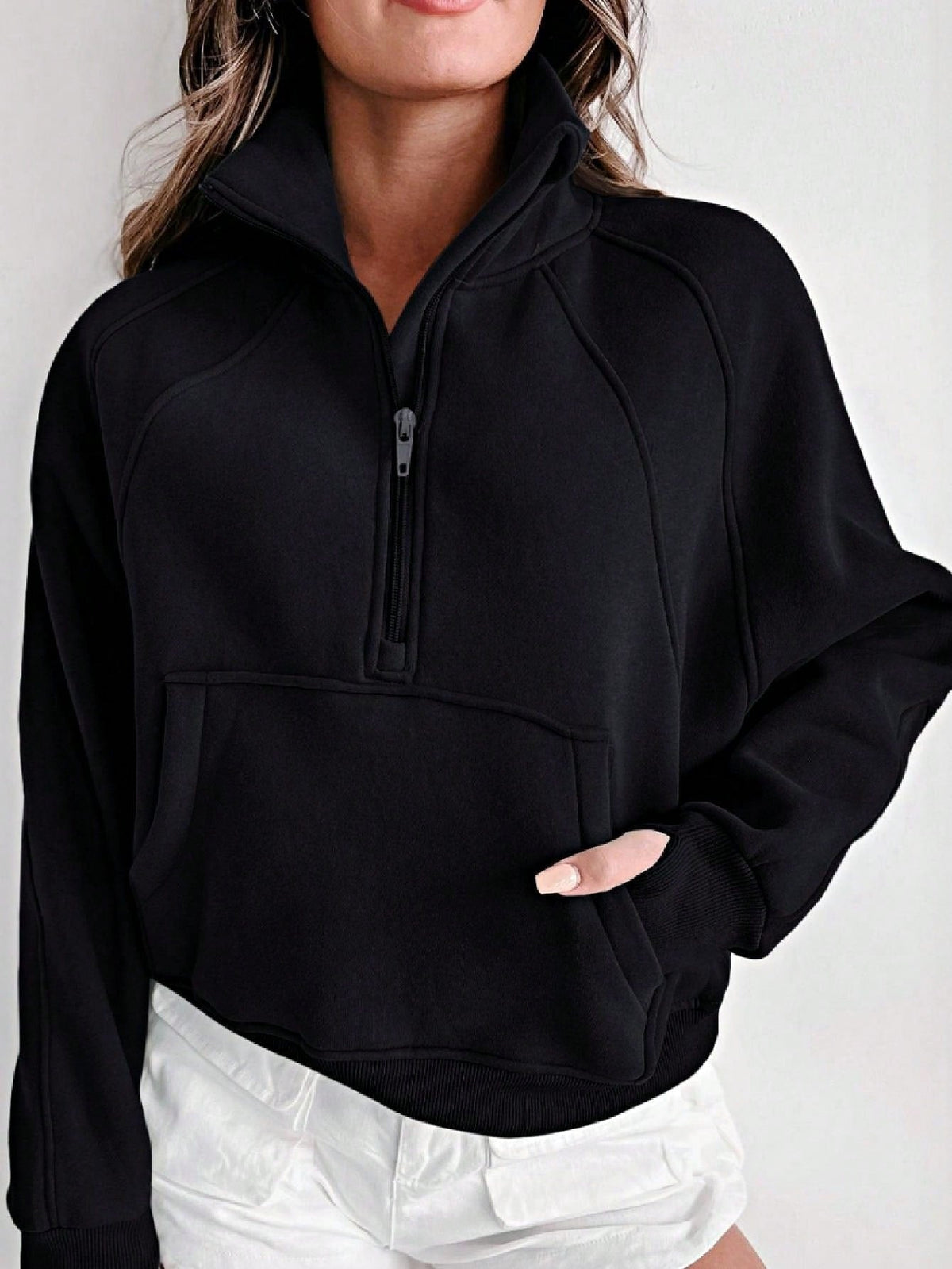 Boho Retro Vintage 90's Cotton Stand Collar  Solid Kangaroo Front Pocket Thumbhole Long Sleeve Zip Up Top Sweatshirt Pullover