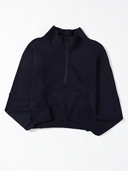 Boho Retro Vintage 90's Cotton Stand Collar  Solid Kangaroo Front Pocket Thumbhole Long Sleeve Zip Up Top Sweatshirt Pullover