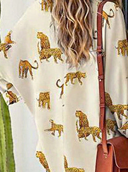 Boho Retro Vintage 90's Cream Beige Apricot Cheeta Leopard Loose Top Shirt Blouse