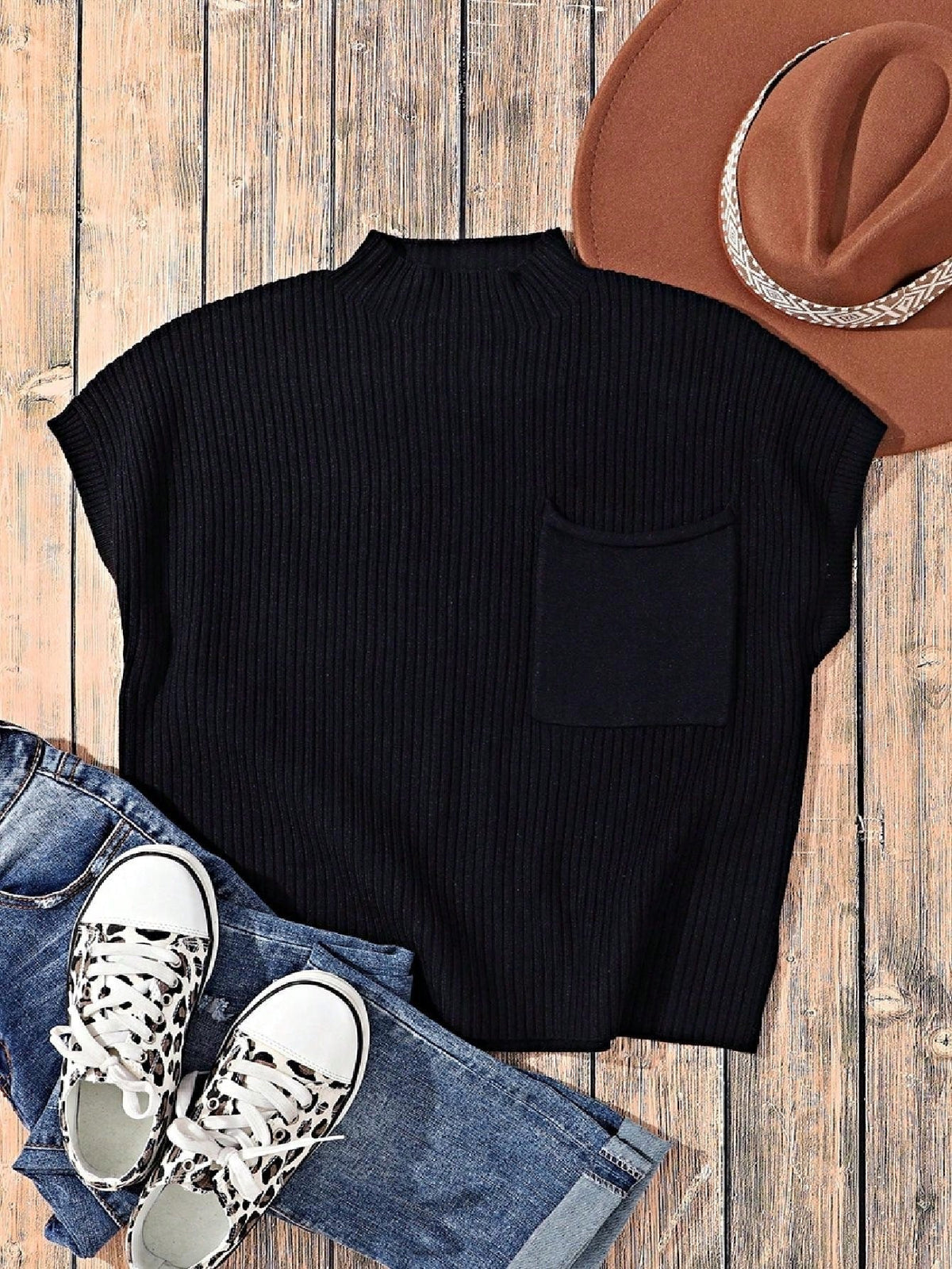 Boho Retro Vintage Viscose Vanilla Beige Green Front Pocket High Mock Neck Ribbed Top Shirt Blouse Vest
