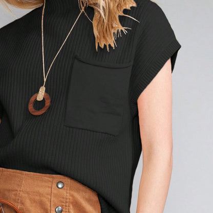 Boho Retro Vintage Viscose Vanilla Beige Green Front Pocket High Mock Neck Ribbed Top Shirt Blouse Vest
