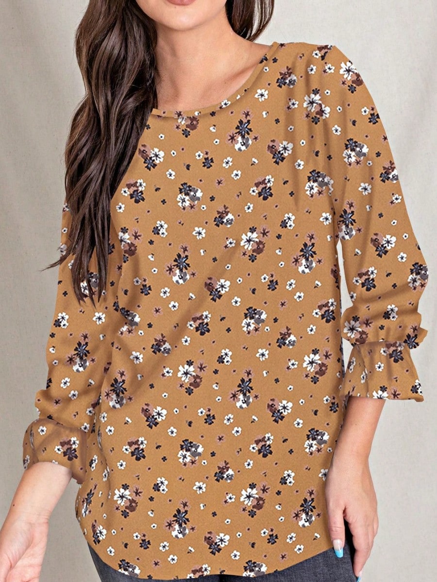 Boho Retro Woven Ditsy Floral Shirred Ruffle Woven Long Sleeve Blouse Top |  Small -3 XL