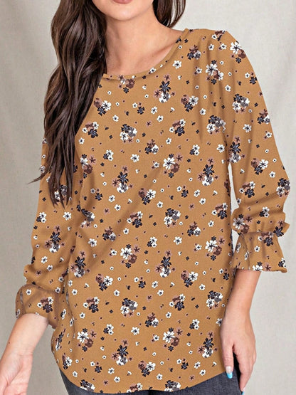 Boho Retro Woven Ditsy Floral Shirred Ruffle Woven Long Sleeve Blouse Top |  Small -3 XL