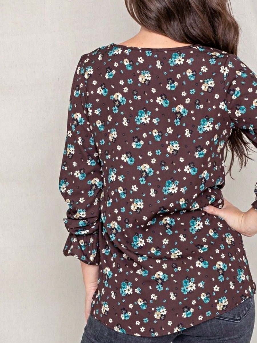 Boho Retro Woven Ditsy Floral Shirred Ruffle Woven Long Sleeve Blouse Top |  Small -3 XL