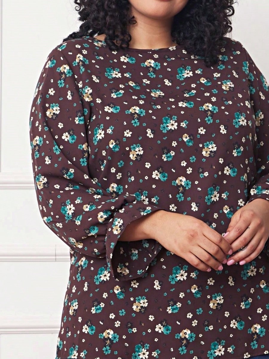 Boho Retro Woven Ditsy Floral Shirred Ruffle Woven Long Sleeve Blouse Top |  Small -3 XL