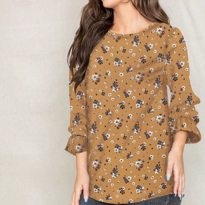 Boho Retro Woven Ditsy Floral Shirred Ruffle Woven Long Sleeve Blouse Top |  Small -3 XL