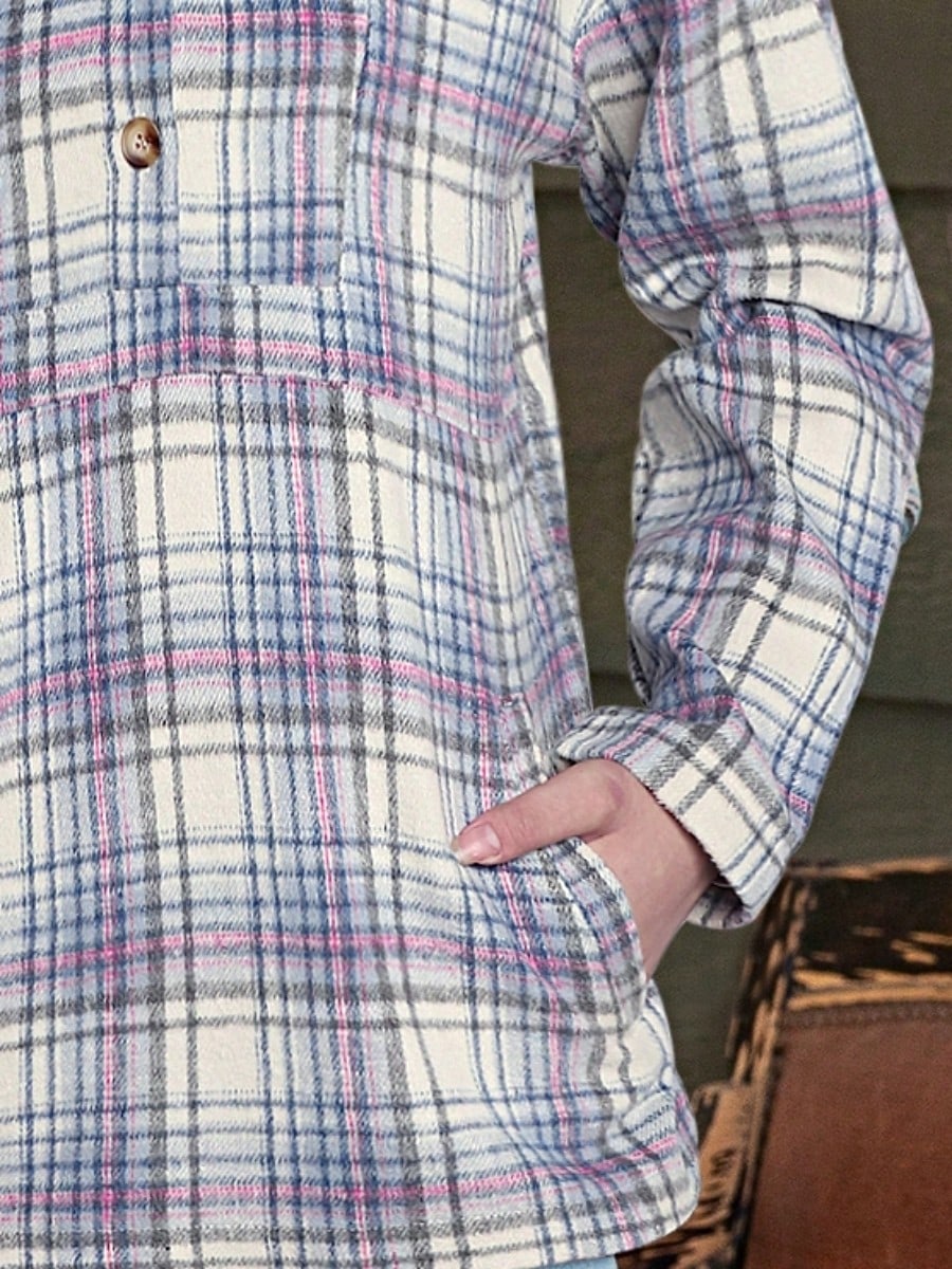 Boho Retro Vintage 90's Beige Blue Button Hooded Plaid Drop Shoulder Anorak Kangaroo Pocket Sweatshirt Pullover Hoodie