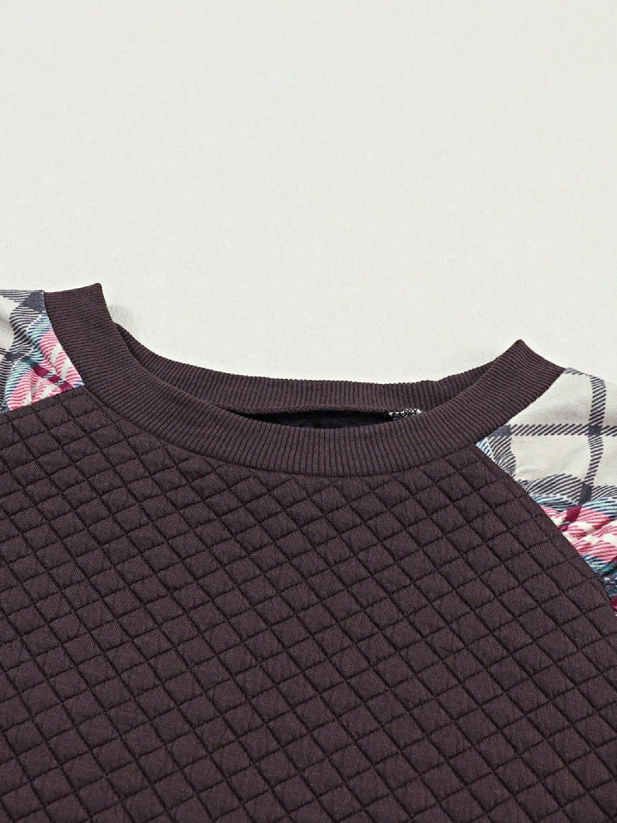 Boho Retro Vintage 90's Shirred Raglan Plaid Shoulder  Long Sleeve  Quilted Top Shirt Sweatshirt Pullover