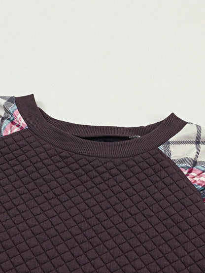Boho Retro Vintage 90's Shirred Raglan Plaid Shoulder  Long Sleeve  Quilted Top Shirt Sweatshirt Pullover