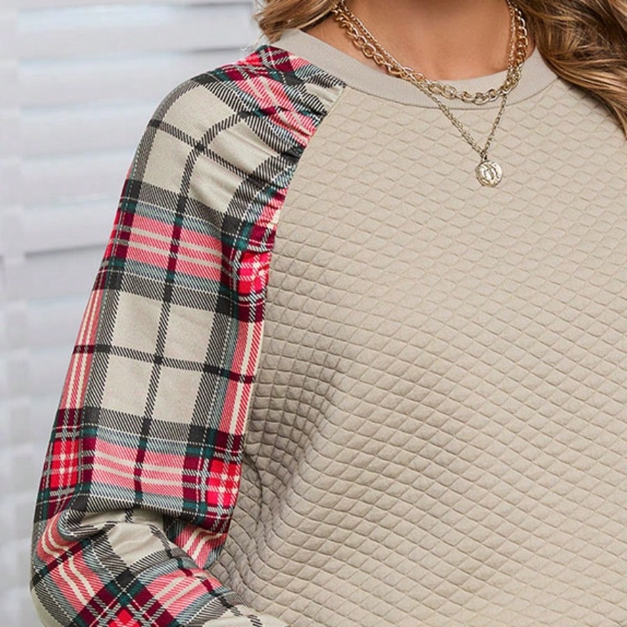 Boho Retro Vintage 90's Shirred Raglan Plaid Shoulder  Long Sleeve  Quilted Top Shirt Sweatshirt Pullover