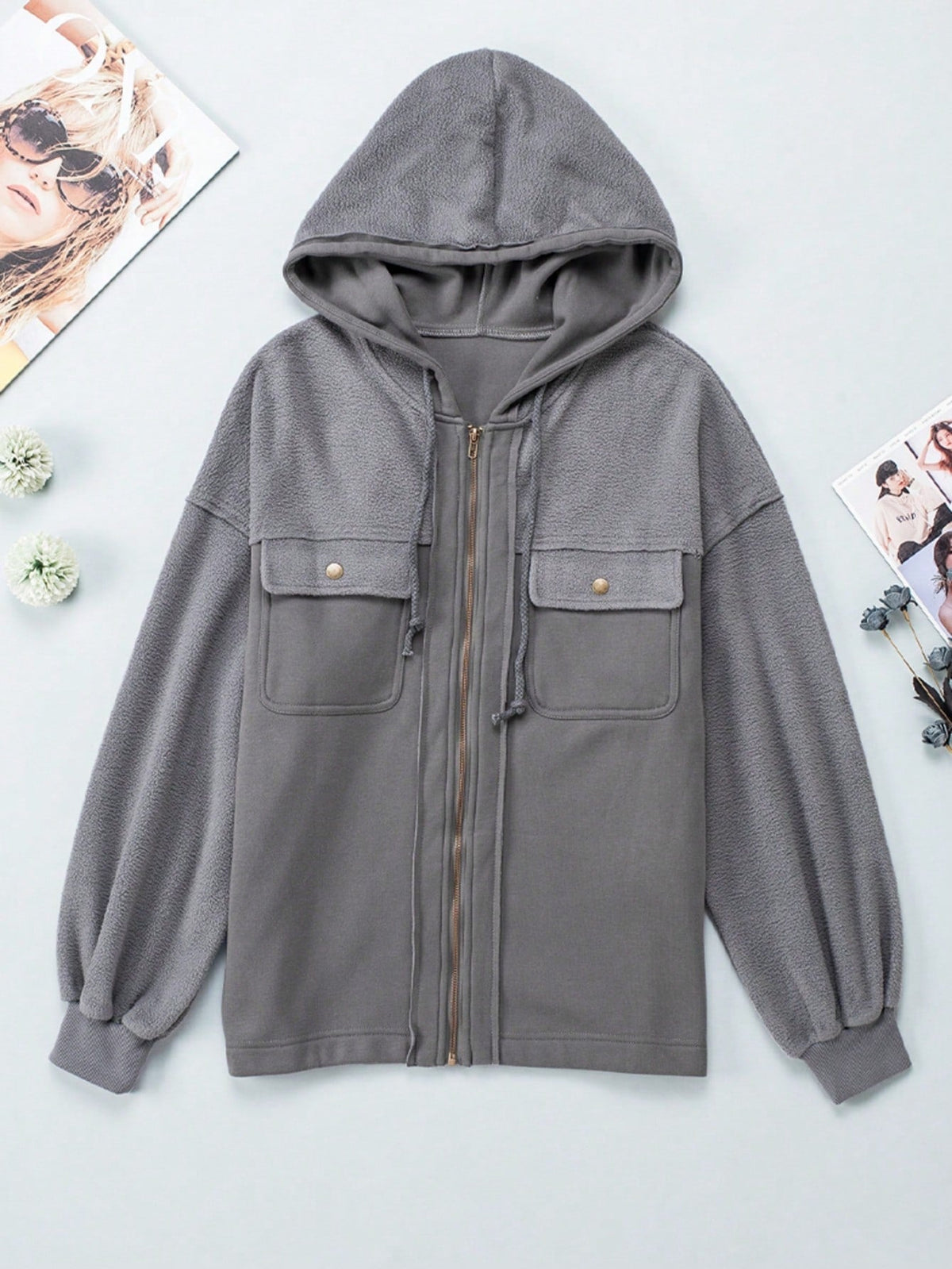 Boho Retro 90's Oversized Puff Bishop Drop Shoulder Sleeve Pocket Front Zip Up Cotton Canvas Inside Out Hooded Jacket
