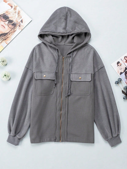 Boho Retro 90's Oversized Puff Bishop Drop Shoulder Sleeve Pocket Front Zip Up Cotton Canvas Inside Out Hooded Jacket