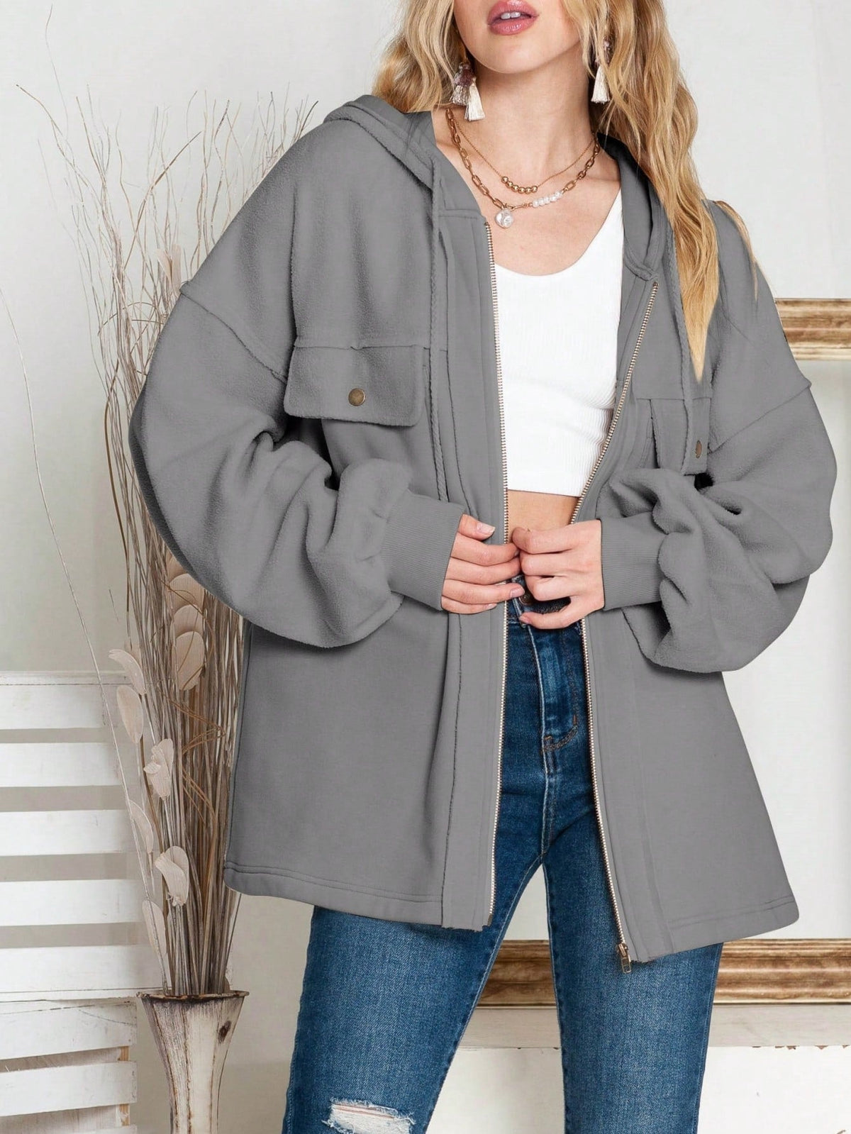 Boho Retro 90's Oversized Puff Bishop Drop Shoulder Sleeve Pocket Front Zip Up Cotton Canvas Inside Out Hooded Jacket