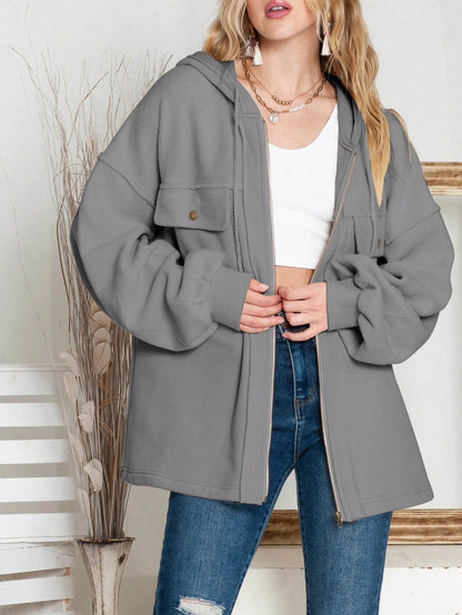 Boho Retro 90's Oversized Puff Bishop Drop Shoulder Sleeve Pocket Front Zip Up Cotton Canvas Inside Out Hooded Jacket