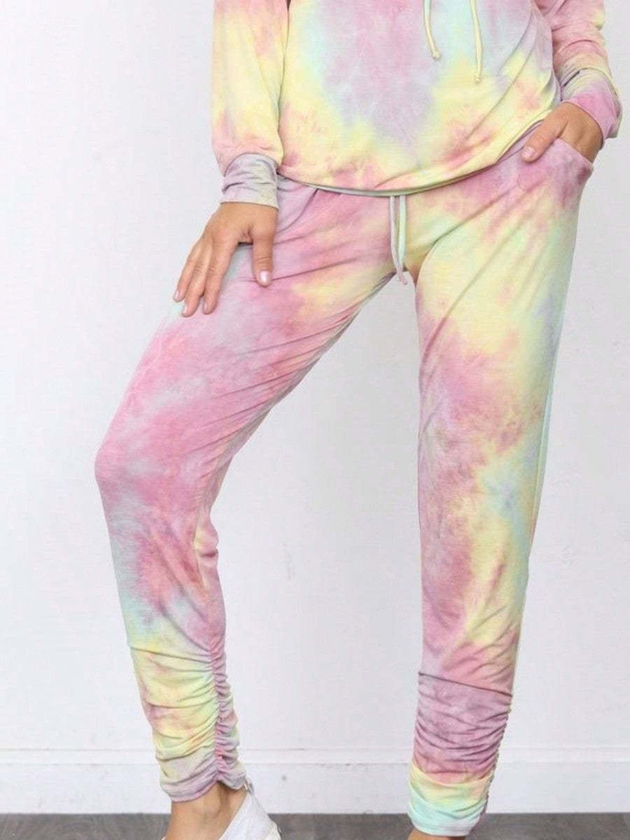 Boho Retro 90's Tie Dye Pink Blue Solid Olive Navy Black Charcoal  Grey Shirred Ruched Cuff  Jogger Pants With Drawstring And Pocket