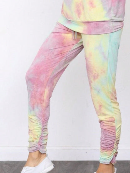 Boho Retro 90's Tie Dye Pink Blue Solid Olive Navy Black Charcoal  Grey Shirred Ruched Cuff  Jogger Pants With Drawstring And Pocket