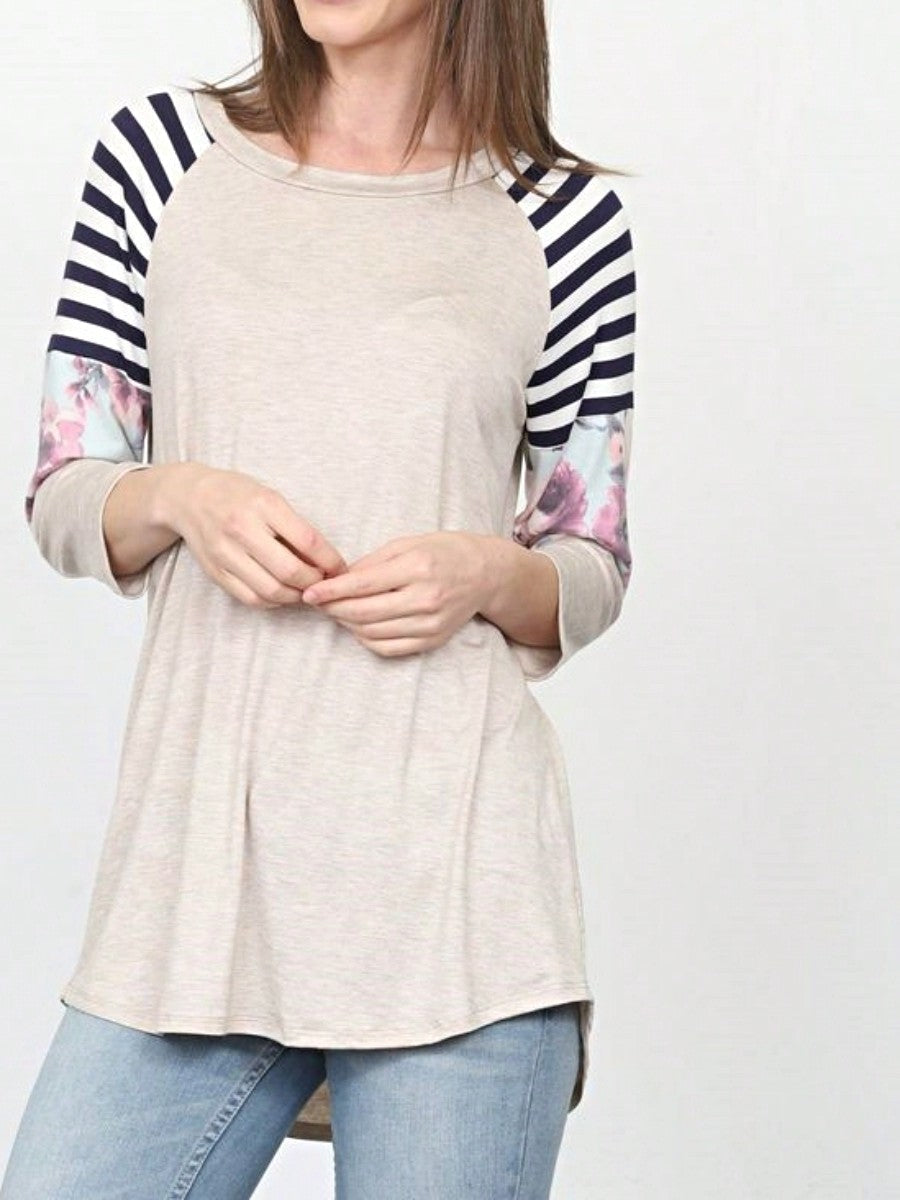 Boho Retro 90's Vintage  Floral Soft Stripe Raglan Oatmeal Cream High And Low Beige Sleeve Tunic Top Shirt