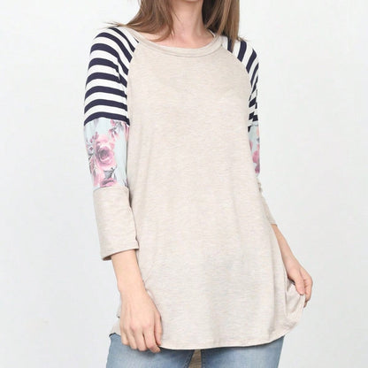 Boho Retro 90's Vintage  Floral Soft Stripe Raglan Oatmeal Cream High And Low Beige Sleeve Tunic Top Shirt
