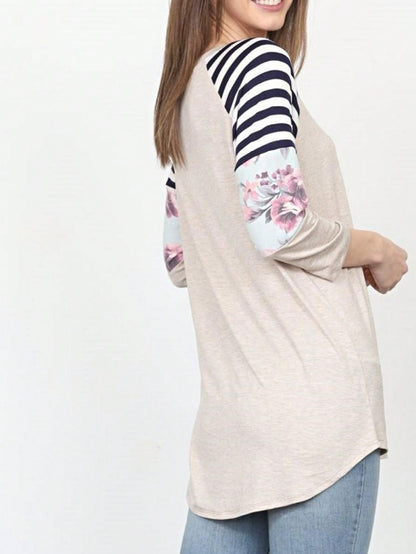 Boho Retro 90's Vintage  Floral Soft Stripe Raglan Oatmeal Cream High And Low Beige Sleeve Tunic Top Shirt
