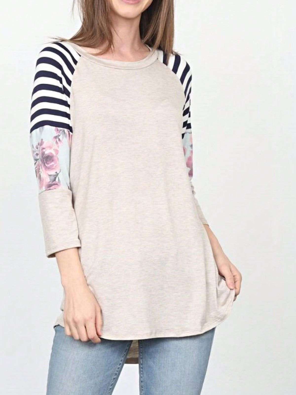 Boho Retro 90's Vintage  Floral Soft Stripe Raglan Oatmeal Cream High And Low Beige Sleeve Tunic Top Shirt