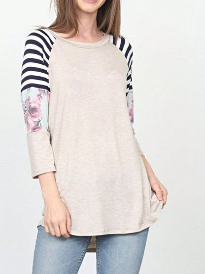 Boho Retro 90's Vintage  Floral Soft Stripe Raglan Oatmeal Cream High And Low Beige Sleeve Tunic Top Shirt