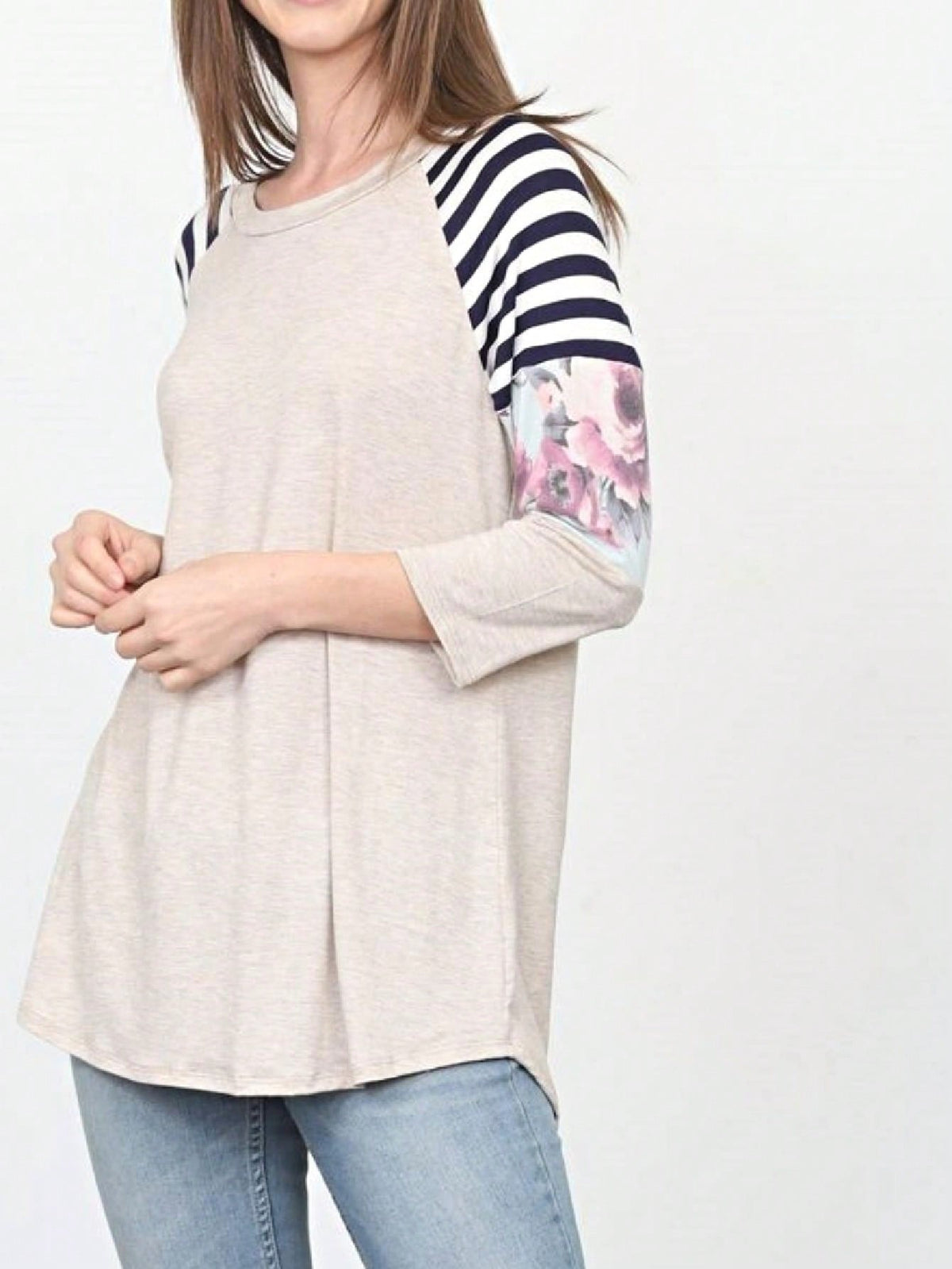 Boho Retro 90's Vintage  Floral Soft Stripe Raglan Oatmeal Cream High And Low Beige Sleeve Tunic Top Shirt